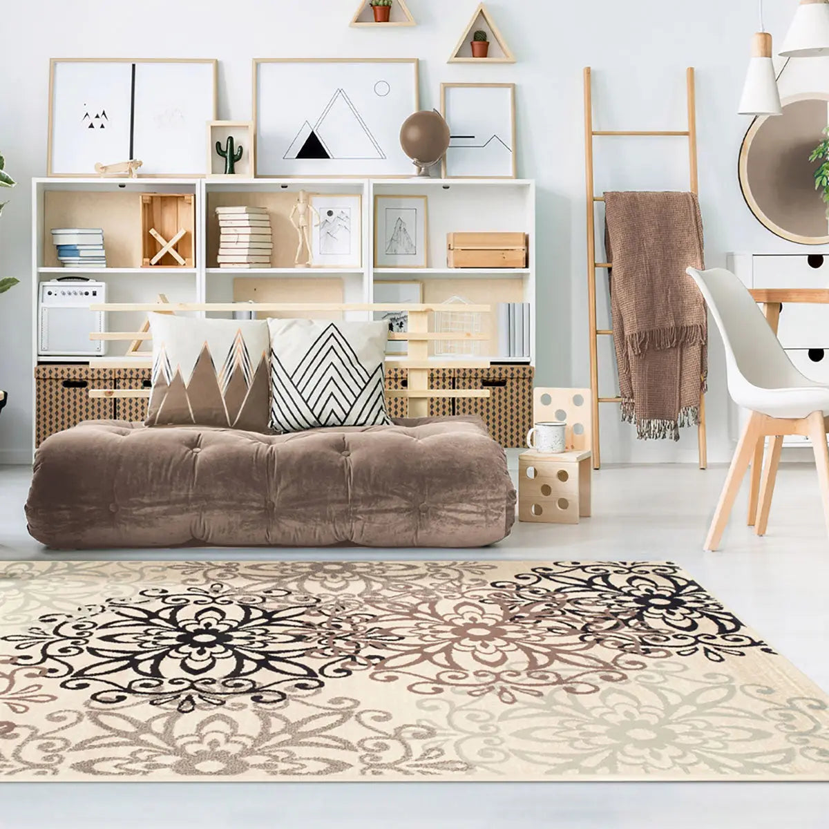 5' X 8' Beige Black And Brown Floral Medallion Area Rug Homeroots Home Decor