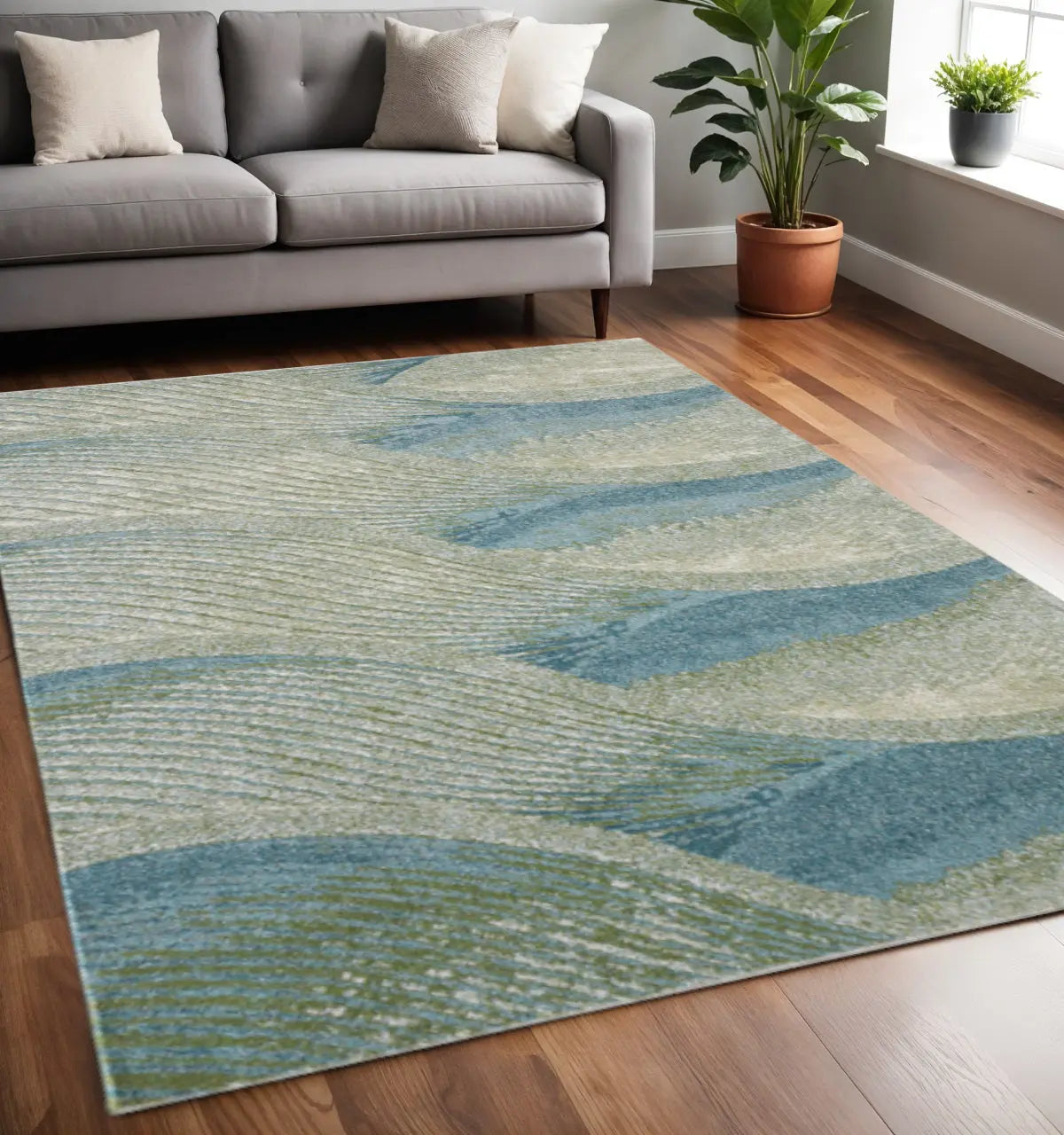 5' X 8' Beige Blue And Sage Abstract Area Rug Homeroots Home Decor
