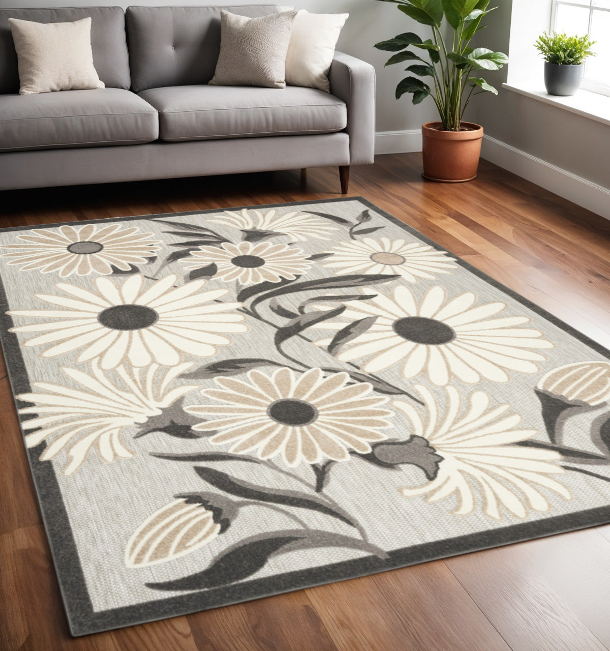5' X 8' Beige Floral Stain Resistant Non Skid Area Rug Homeroots Outdoor