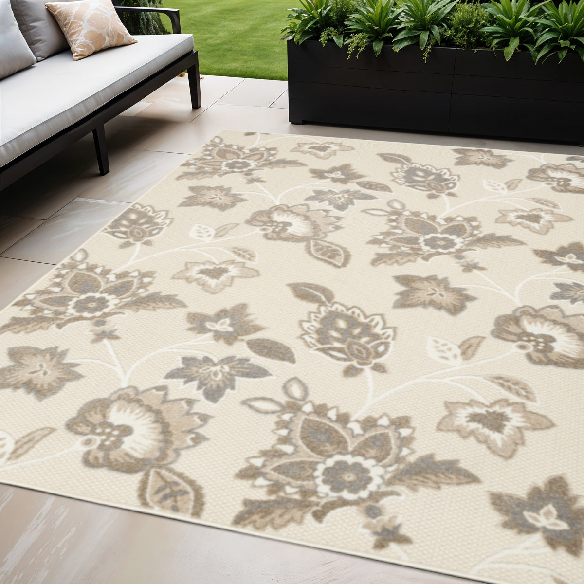 5' X 8' Beige Floral Stain Resistant Non Skid Area Rug Homeroots Outdoor