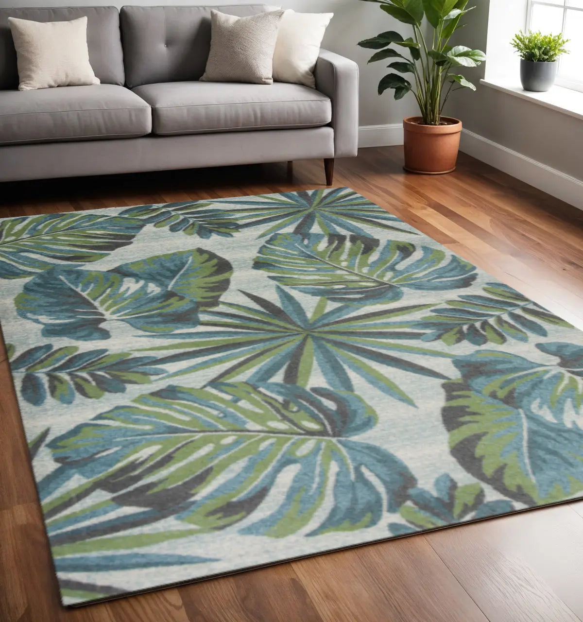 5' X 8' Beige Teal And Green Tropical Botanical Area Rug Homeroots Home Decor