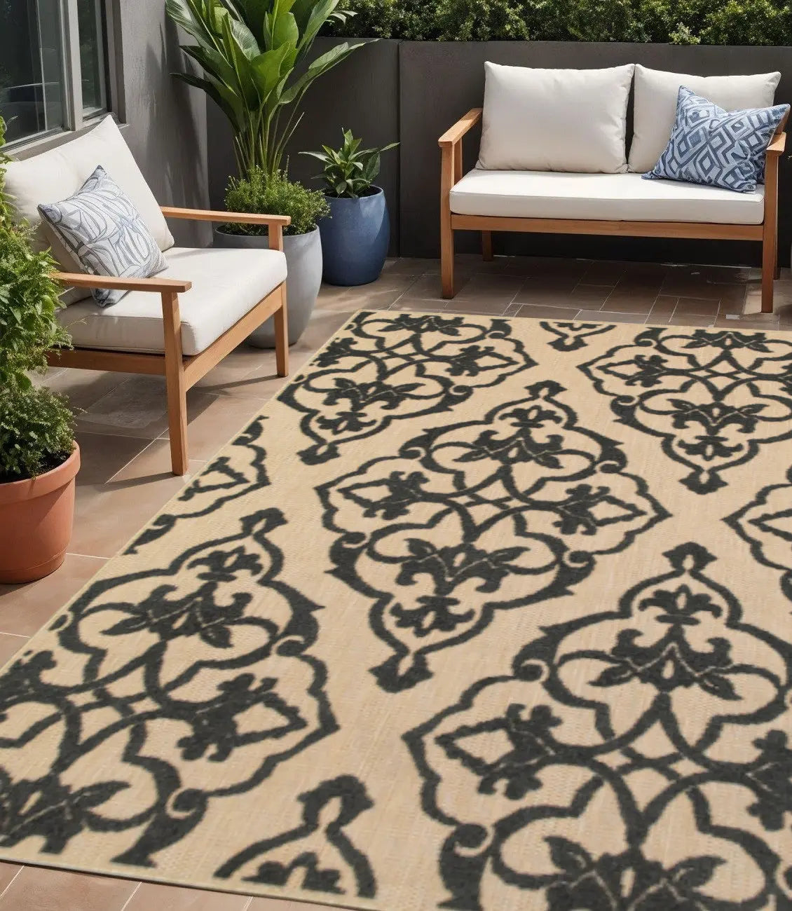5' X 8' Beige and Black Medallion Stain Resistant Indoor Outdoor Area Rug Homeroots Outdoor