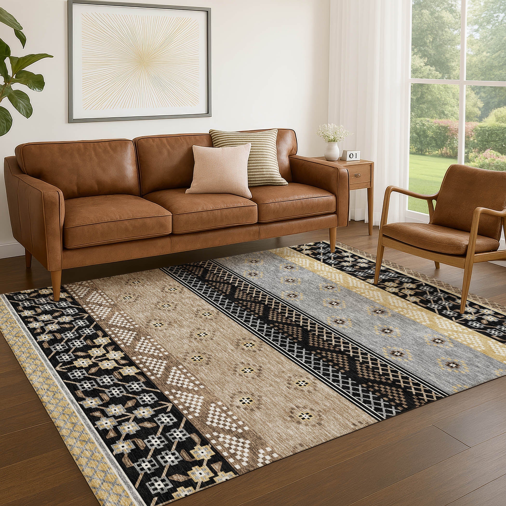 5' X 8' Black And Beige Striped Washable Indoor Outdoor Area Rug Homeroots Outdoor