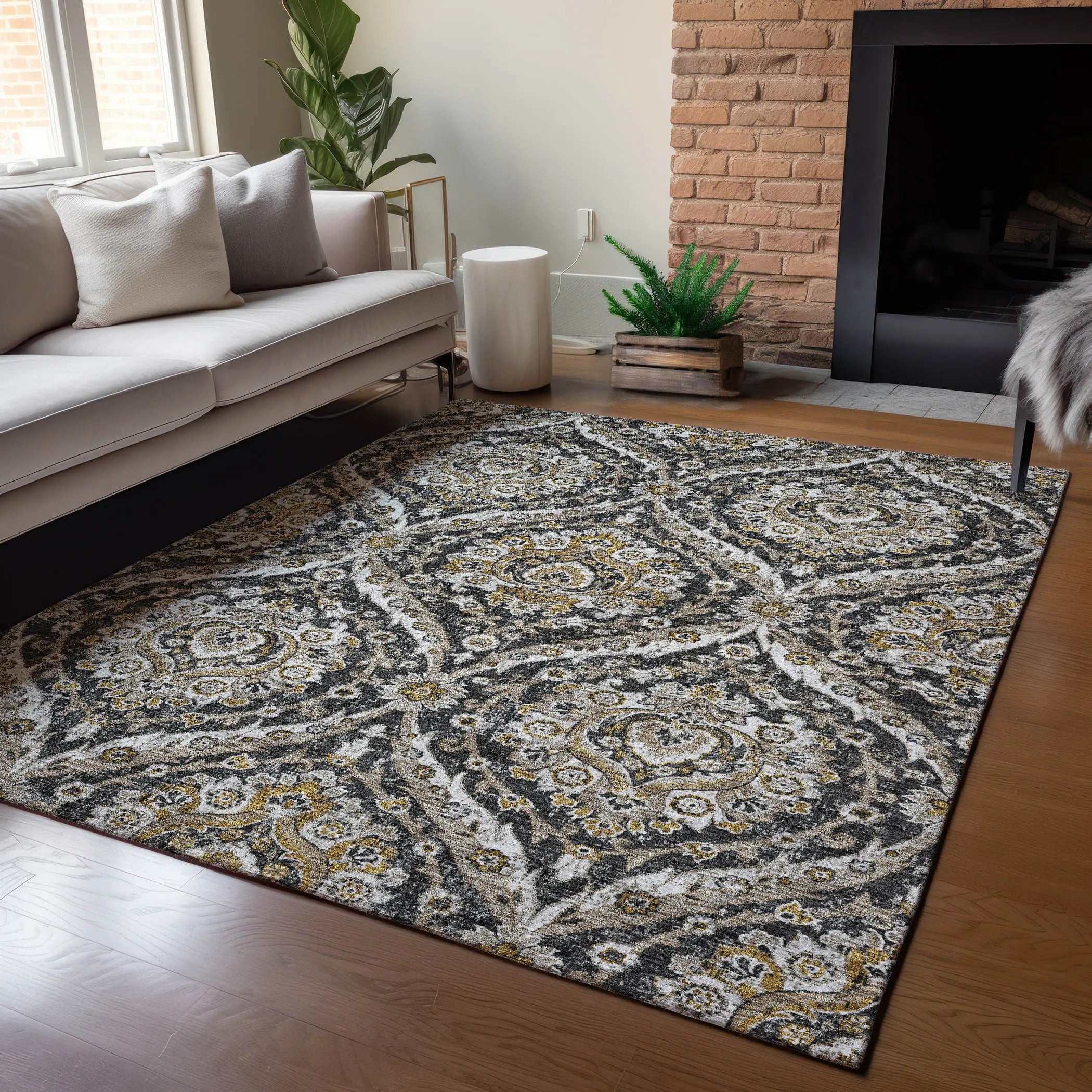 5' X 8' Black And Blue Floral Washable Indoor Outdoor Area Rug Homeroots Outdoor