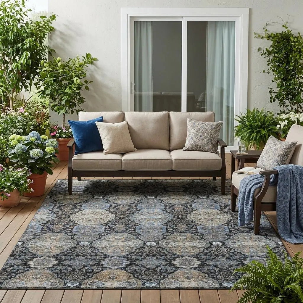 5' X 8' Black And Blue Floral Washable Indoor Outdoor Area Rug Homeroots Outdoor