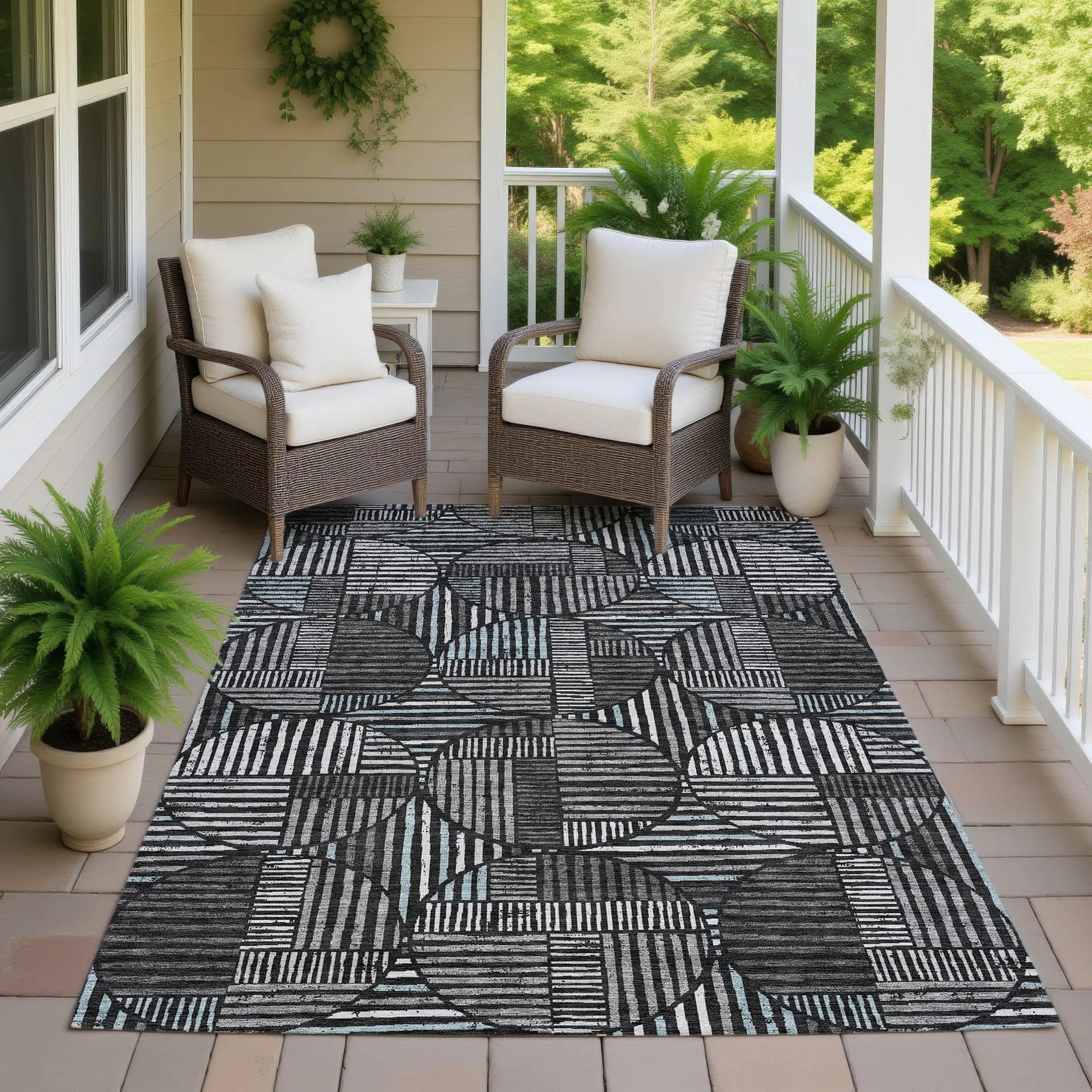 5' X 8' Black And Brown Geometric Washable Indoor Outdoor Area Rug Homeroots Outdoor