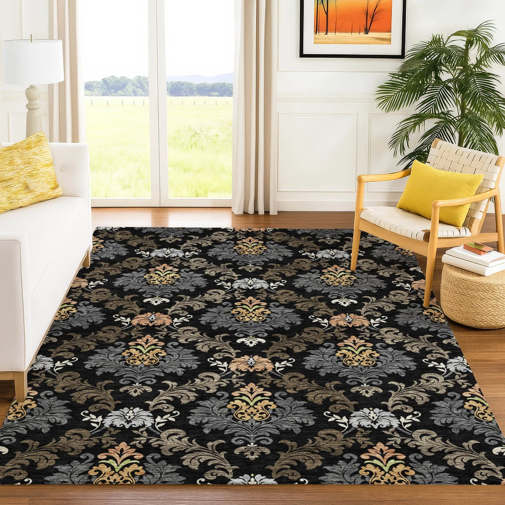 5' X 8' Black And Charcoal Damask Washable Indoor Outdoor Area Rug Homeroots Outdoor