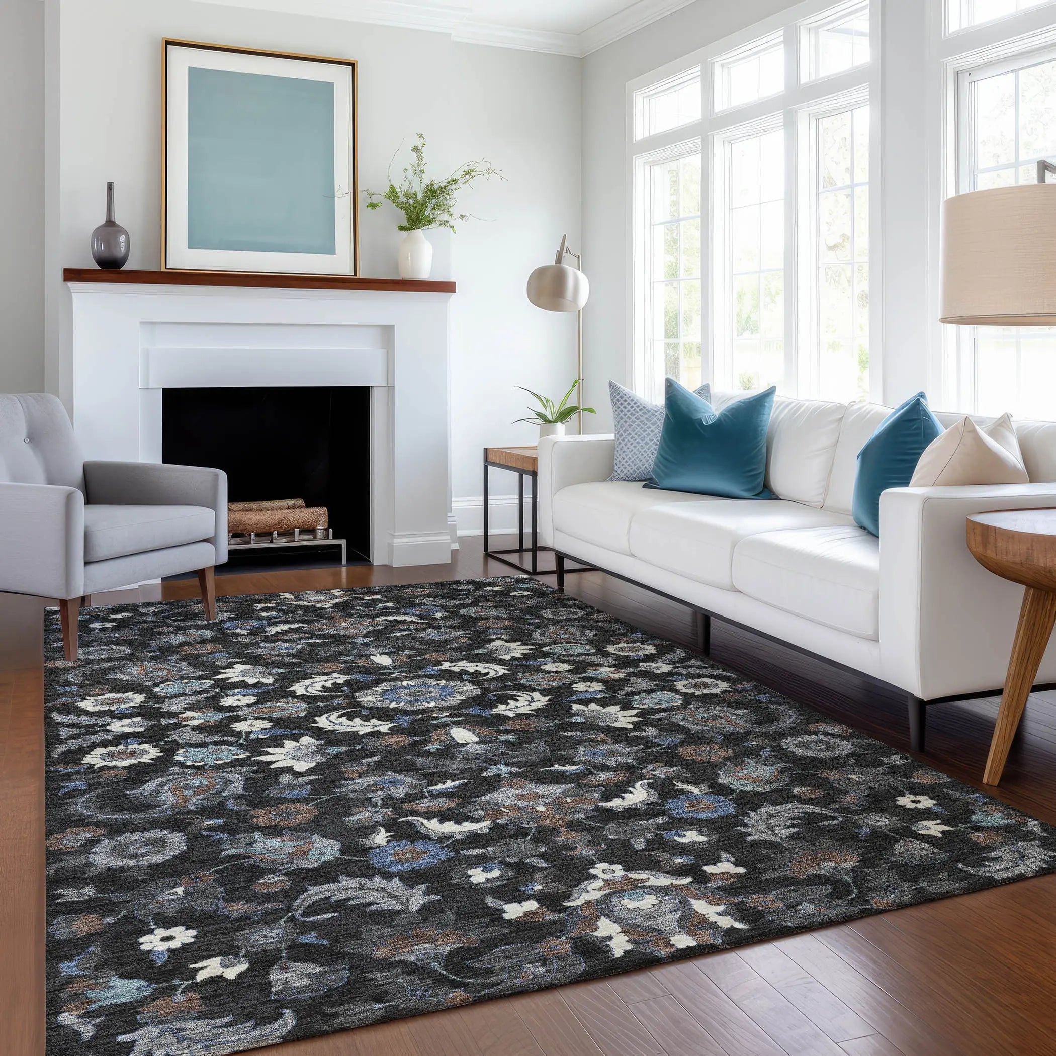 5' X 8' Black And Charcoal Floral Medallion Washable Indoor Outdoor Area Rug Homeroots Outdoor