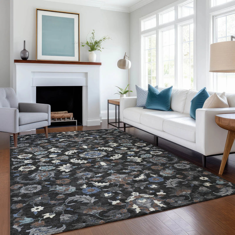 5' X 8' Black And Charcoal Floral Medallion Washable Indoor Outdoor Area Rug Homeroots Outdoor