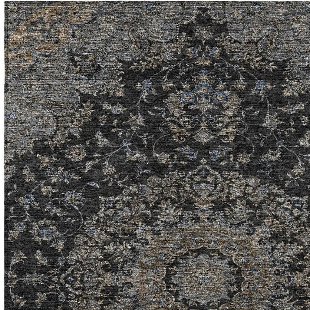 5' X 8' Black And Charcoal Floral Medallion Washable Indoor Outdoor Area Rug Homeroots Outdoor
