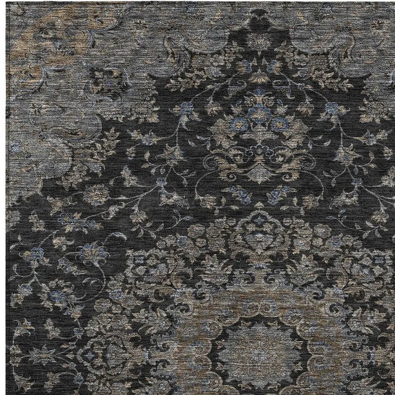 5' X 8' Black And Charcoal Floral Medallion Washable Indoor Outdoor Area Rug Homeroots Outdoor