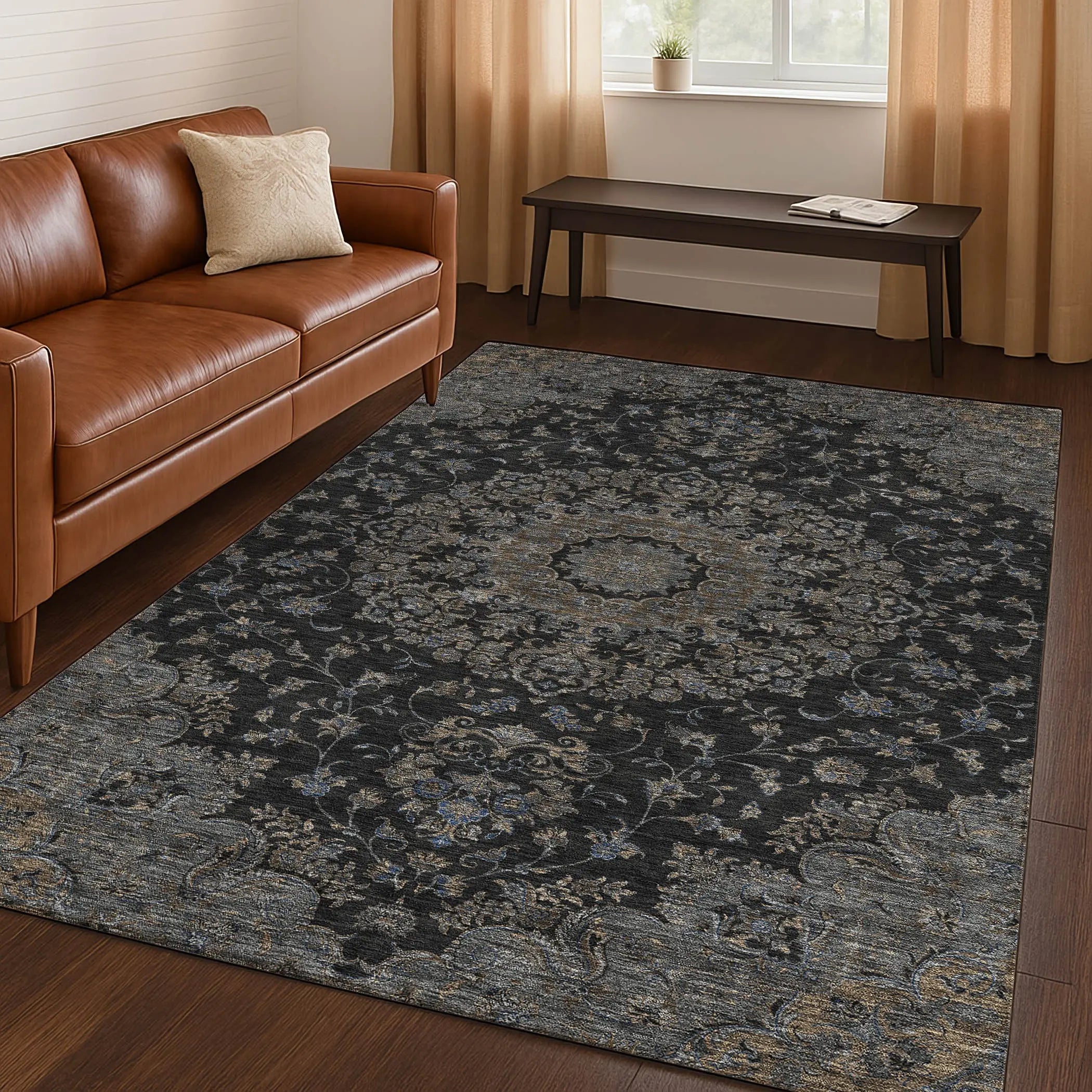 5' X 8' Black And Charcoal Floral Medallion Washable Indoor Outdoor Area Rug Homeroots Outdoor