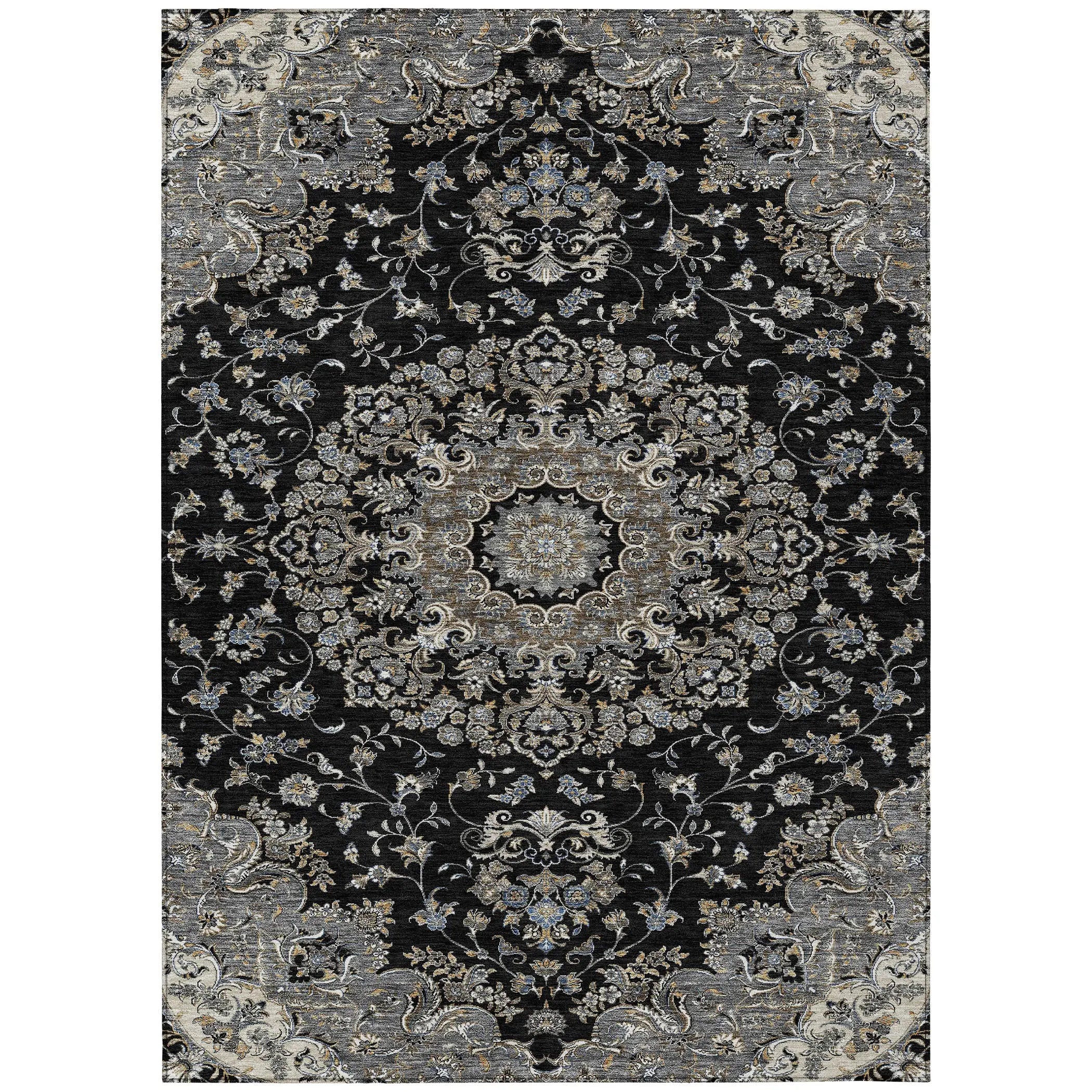 5' X 8' Black And Charcoal Floral Medallion Washable Indoor Outdoor Area Rug Homeroots Outdoor