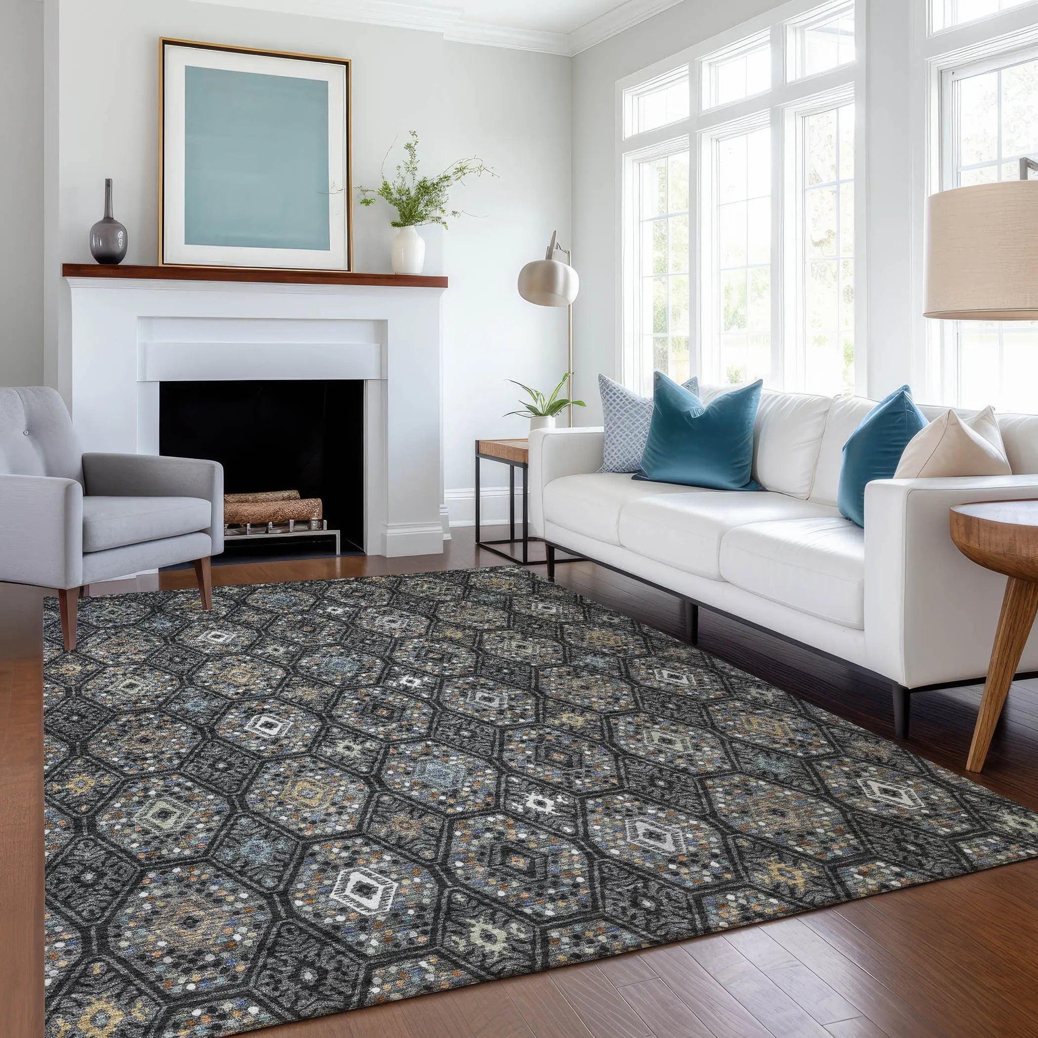 5' X 8' Black And Charcoal Geometric Washable Indoor Outdoor Area Rug Homeroots Outdoor