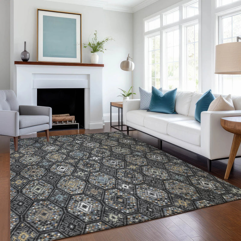 5' X 8' Black And Charcoal Geometric Washable Indoor Outdoor Area Rug Homeroots Outdoor