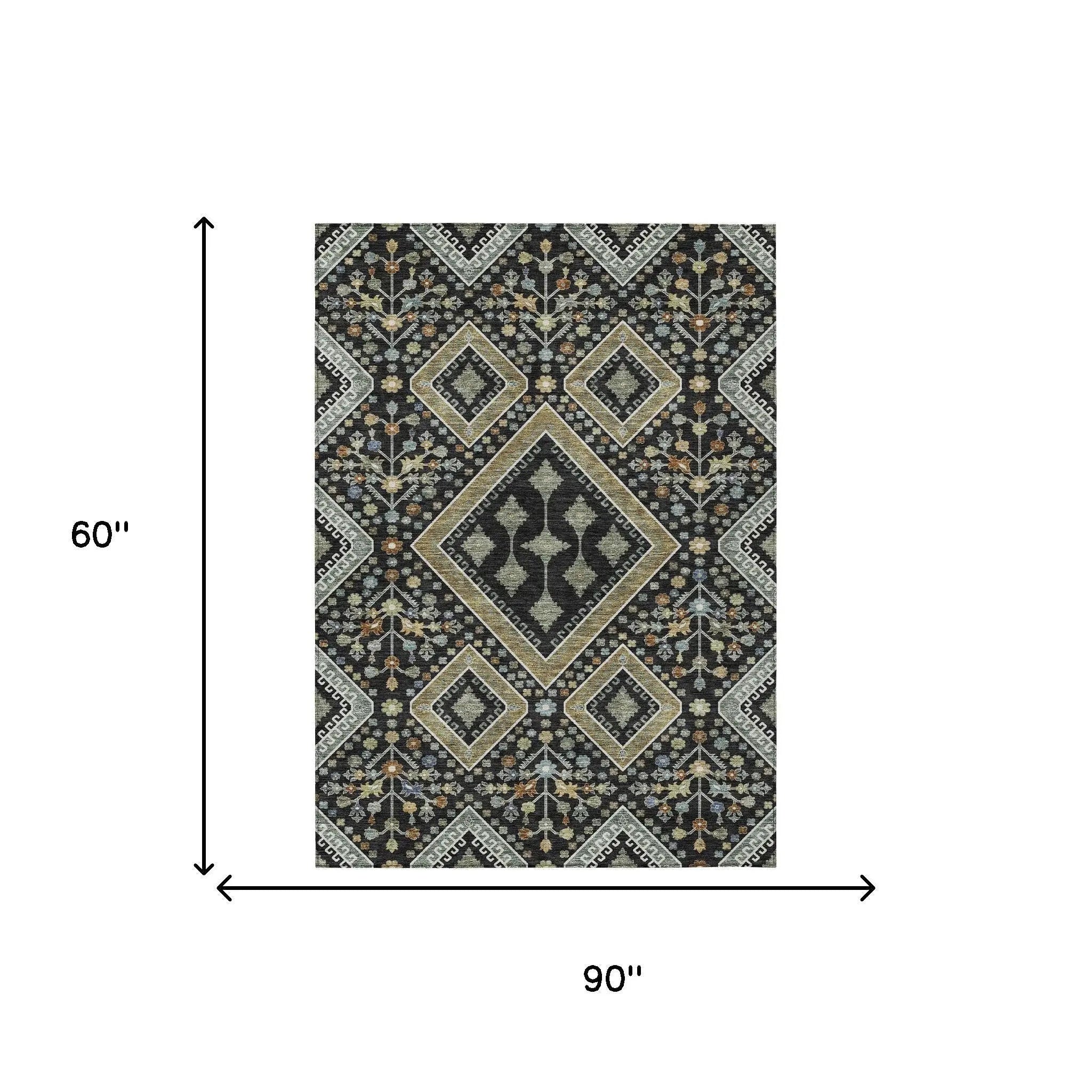 5' X 8' Black And Fern Green Medallion Washable Indoor Outdoor Area Rug Homeroots Outdoor