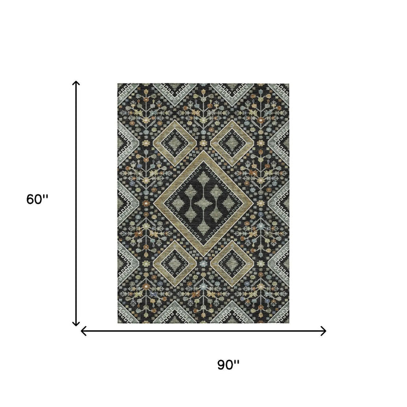 5' X 8' Black And Fern Green Medallion Washable Indoor Outdoor Area Rug Homeroots Outdoor