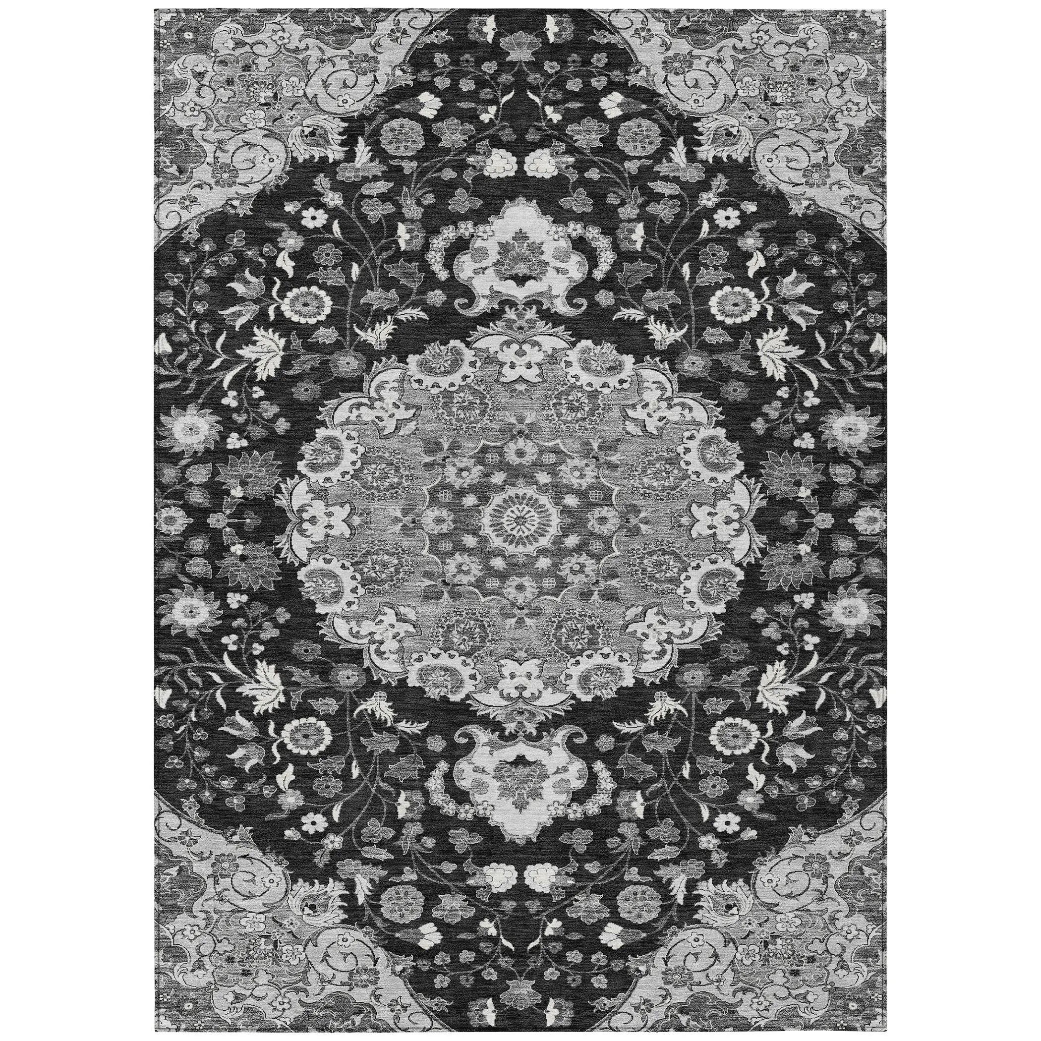 5' X 8' Black And Granite Gray Damask Washable Indoor Outdoor Area Rug Homeroots Outdoor