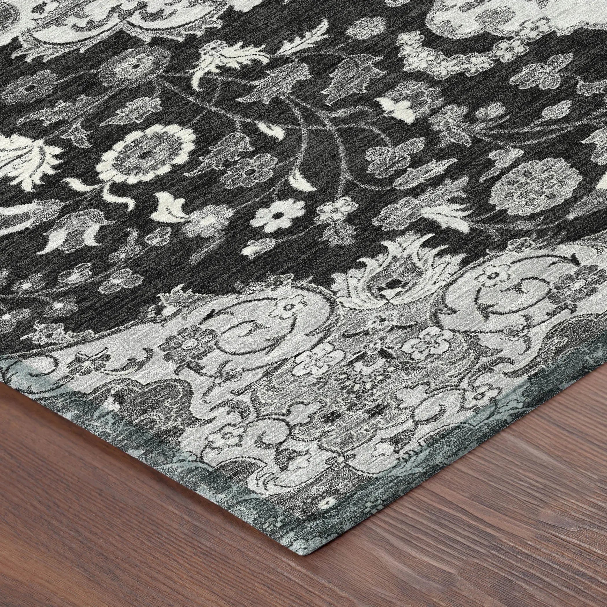 5' X 8' Black And Granite Gray Damask Washable Indoor Outdoor Area Rug Homeroots Outdoor