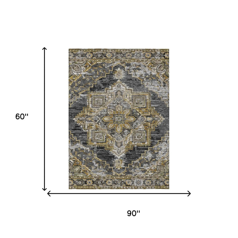 5' X 8' Black And Granite Gray Oriental Washable Indoor Outdoor Area Rug Homeroots Outdoor