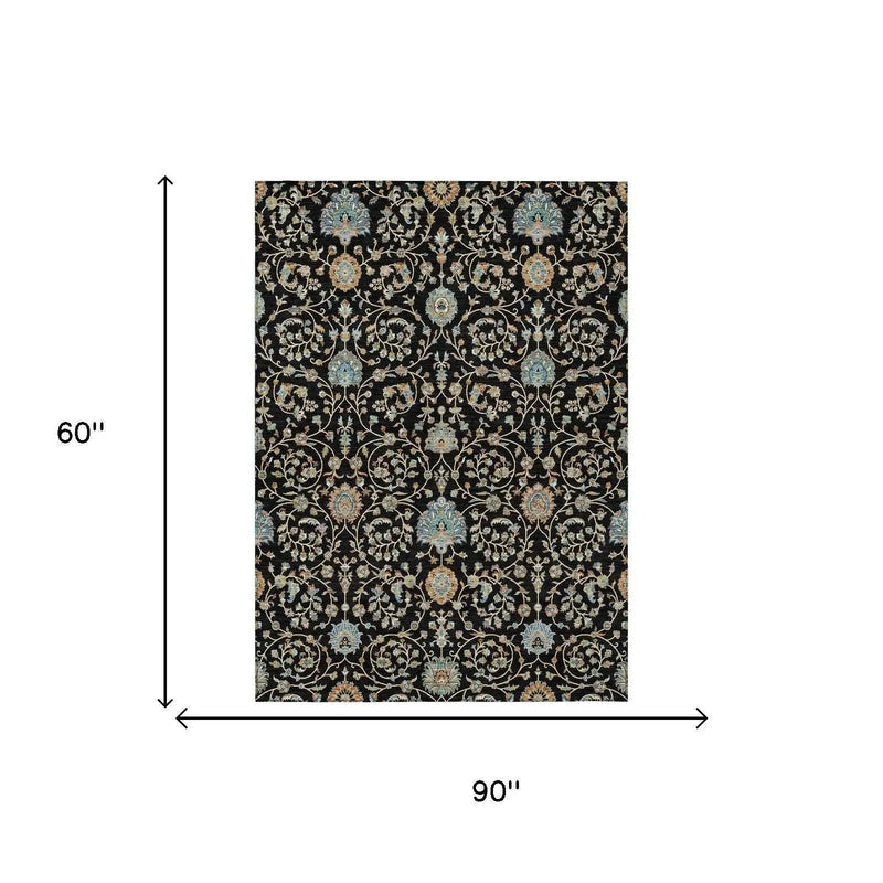 5' X 8' Black And Graphite Floral Washable Indoor Outdoor Area Rug Homeroots Outdoor