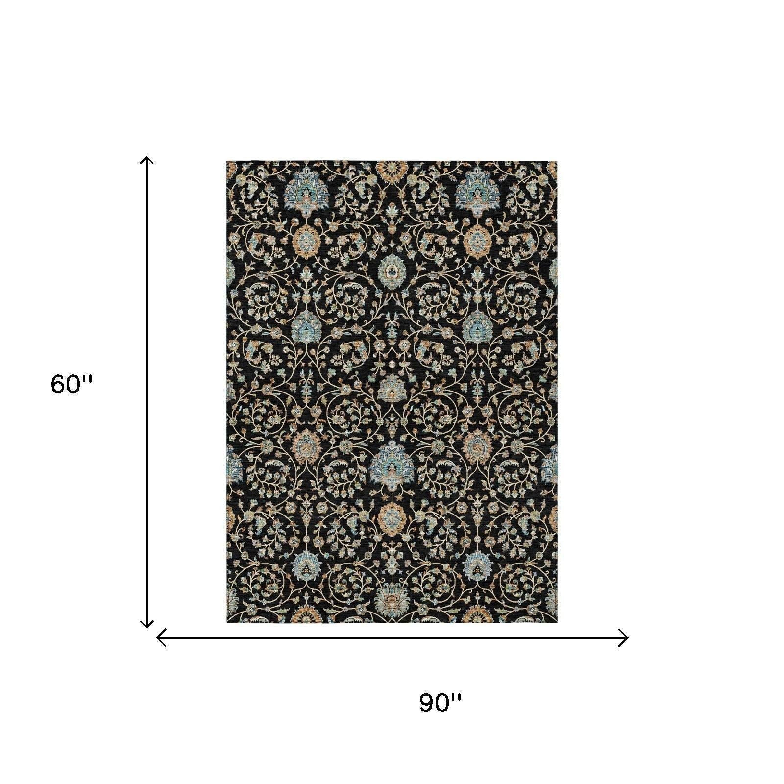 5' X 8' Black And Graphite Floral Washable Indoor Outdoor Area Rug Homeroots Outdoor