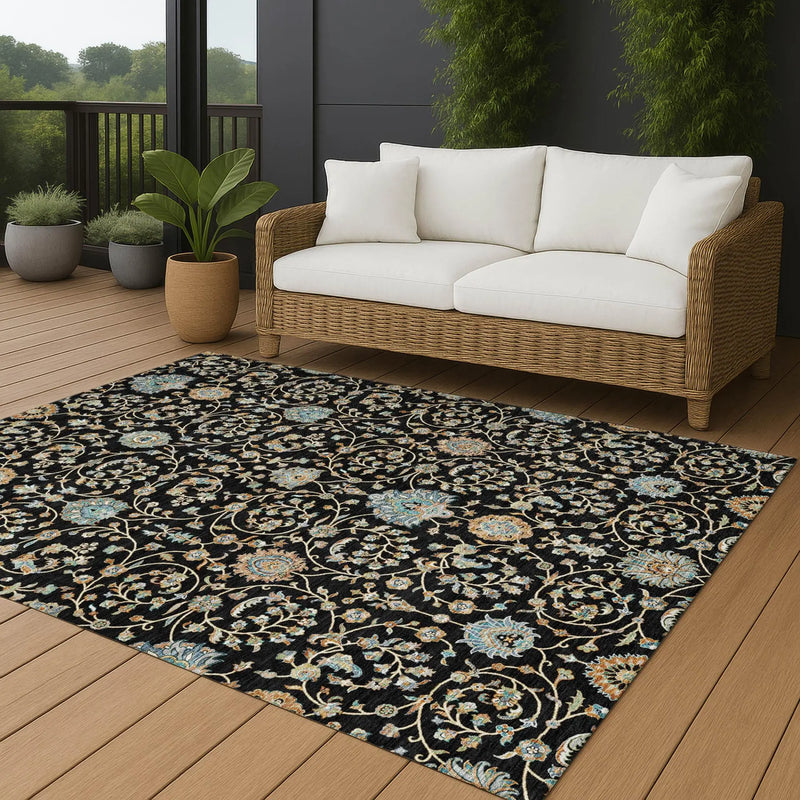 5' X 8' Black And Graphite Floral Washable Indoor Outdoor Area Rug Homeroots Outdoor
