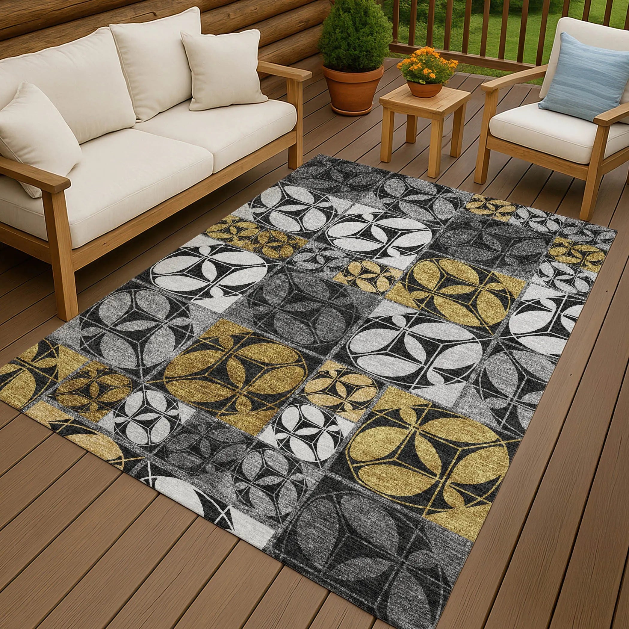 5' X 8' Black And Graphite Geometric Washable Indoor Outdoor Area Rug Homeroots Outdoor