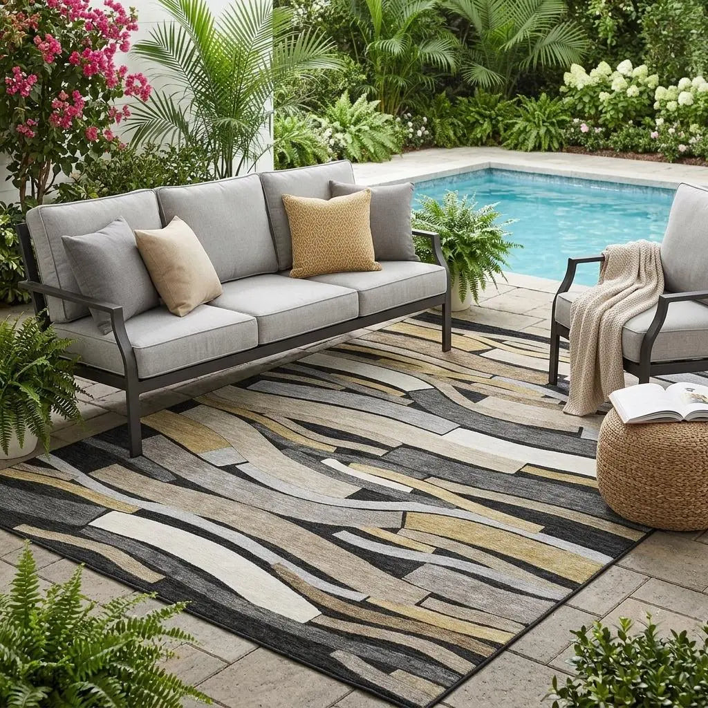 5' X 8' Black And Graphite Striped Washable Indoor Outdoor Area Rug Homeroots Outdoor