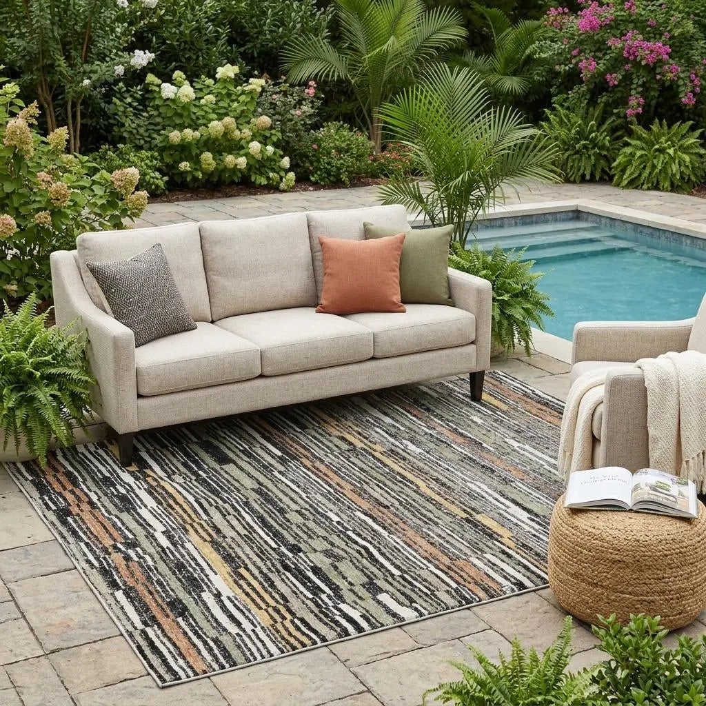 5' X 8' Black And Graphite Striped Washable Indoor Outdoor Area Rug Homeroots Outdoor