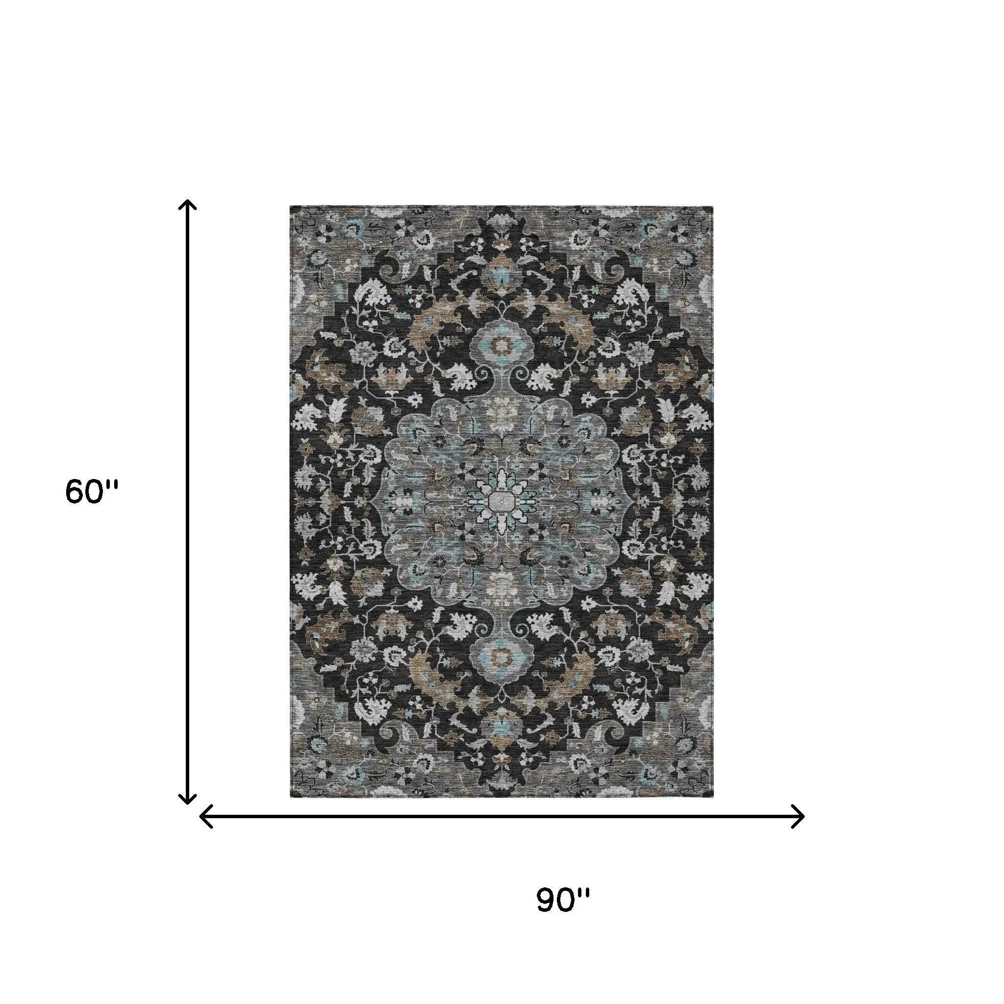 5' X 8' Black And Gray Floral Medallion Washable Indoor Outdoor Area Rug Homeroots Outdoor
