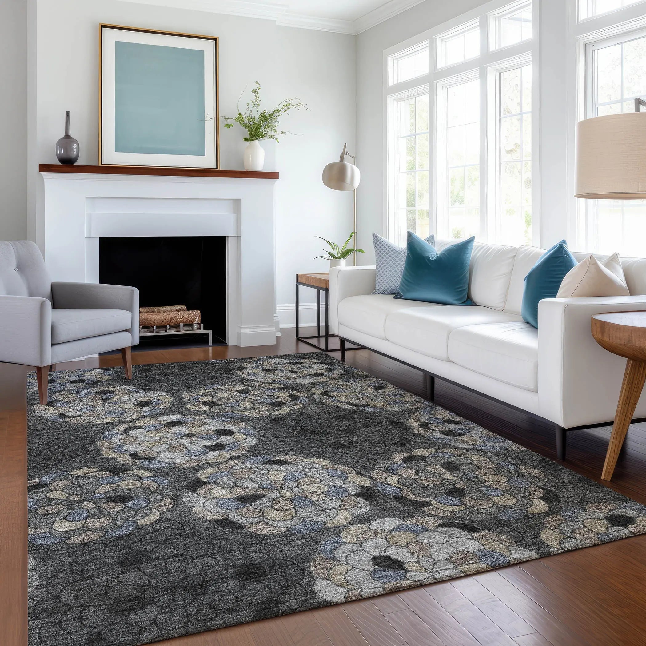 5' X 8' Black And Gray Floral Washable Indoor Outdoor Area Rug Homeroots Outdoor