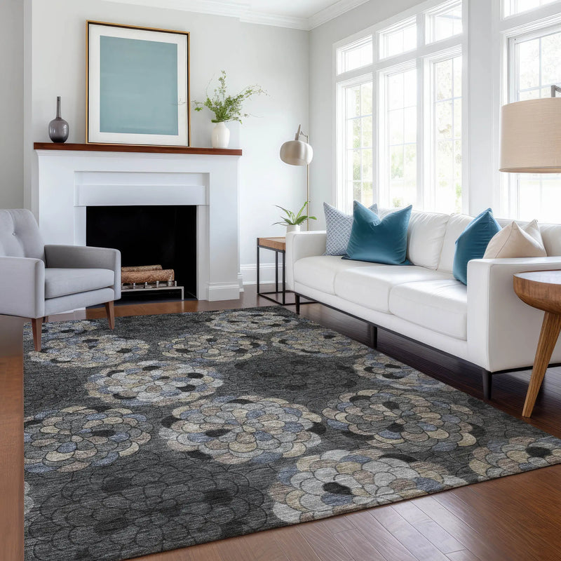 5' X 8' Black And Gray Floral Washable Indoor Outdoor Area Rug Homeroots Outdoor