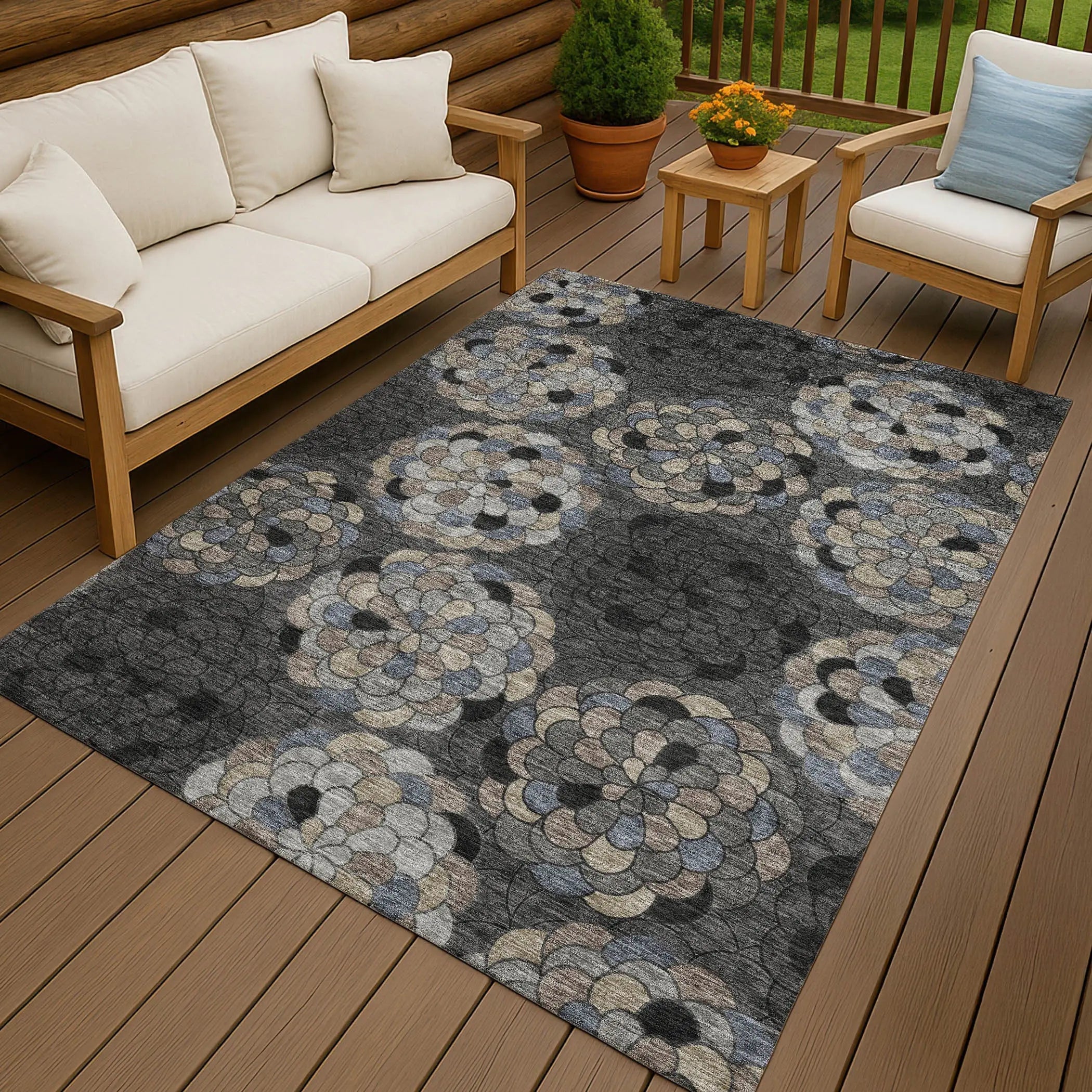 5' X 8' Black And Gray Floral Washable Indoor Outdoor Area Rug Homeroots Outdoor