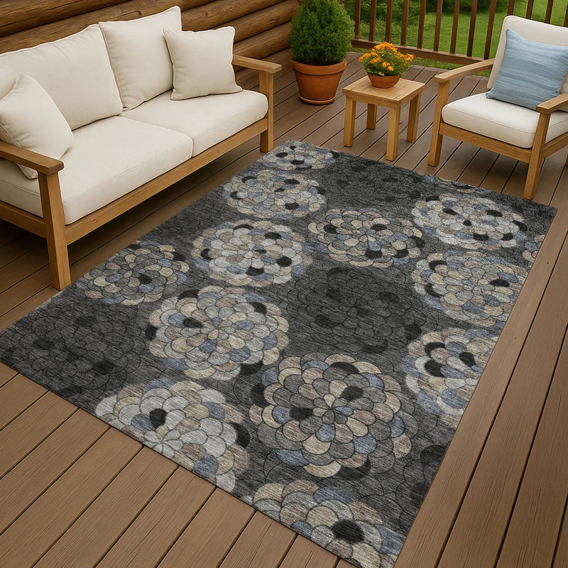 5' X 8' Black And Gray Floral Washable Indoor Outdoor Area Rug Homeroots Outdoor