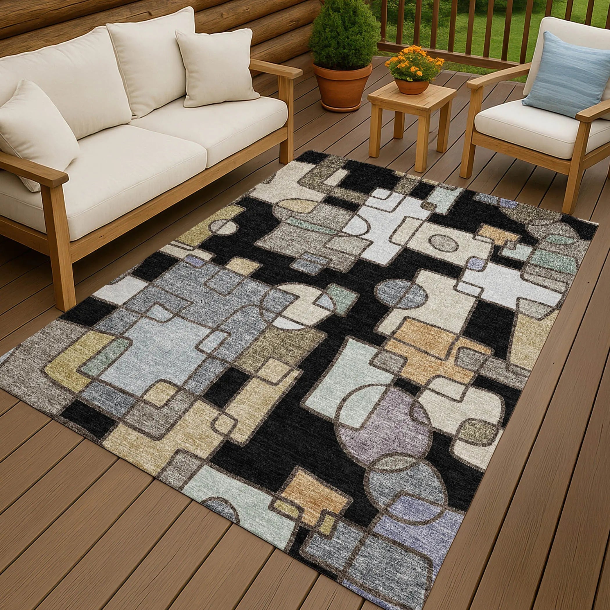 5' X 8' Black And Gray Geometric Washable Indoor Outdoor Area Rug Homeroots Outdoor