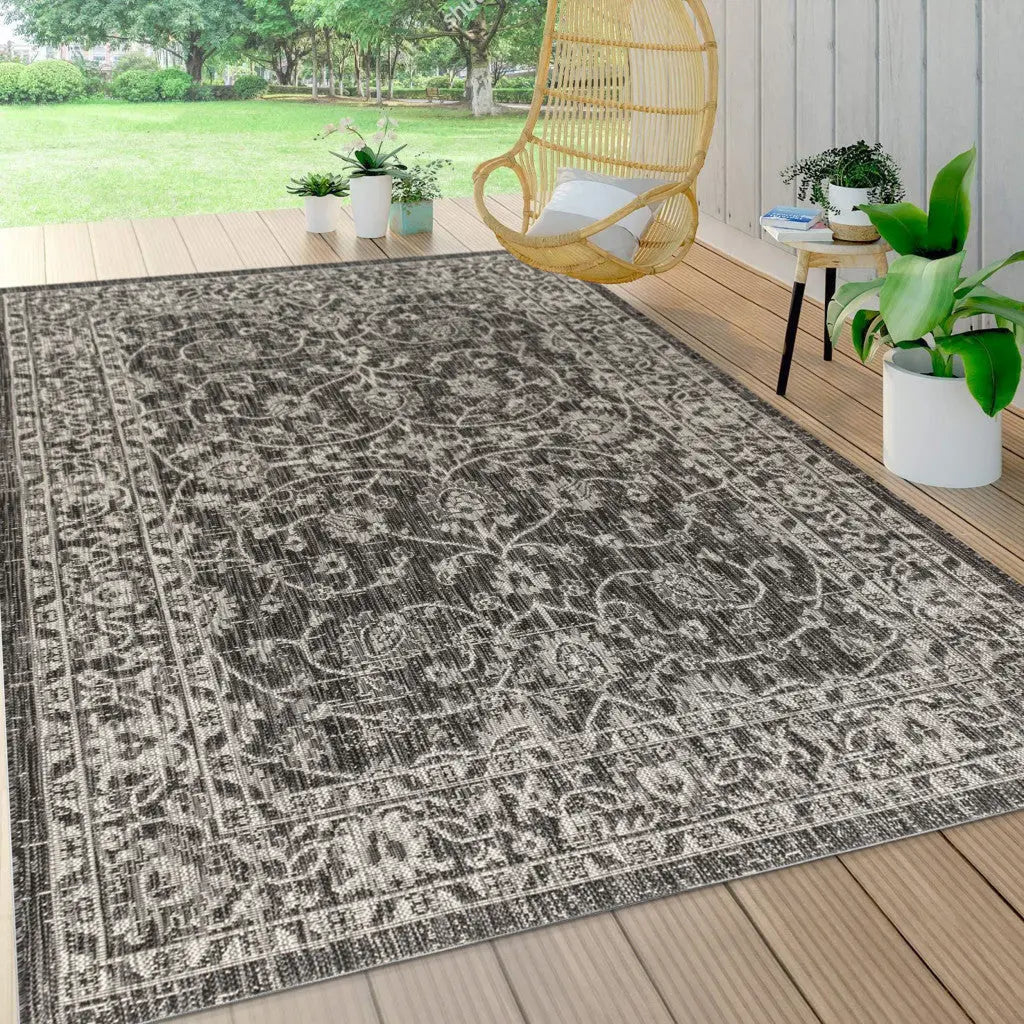 5' X 8' Black And Gray Medallion Indoor Outdoor Area Rug Homeroots Outdoor