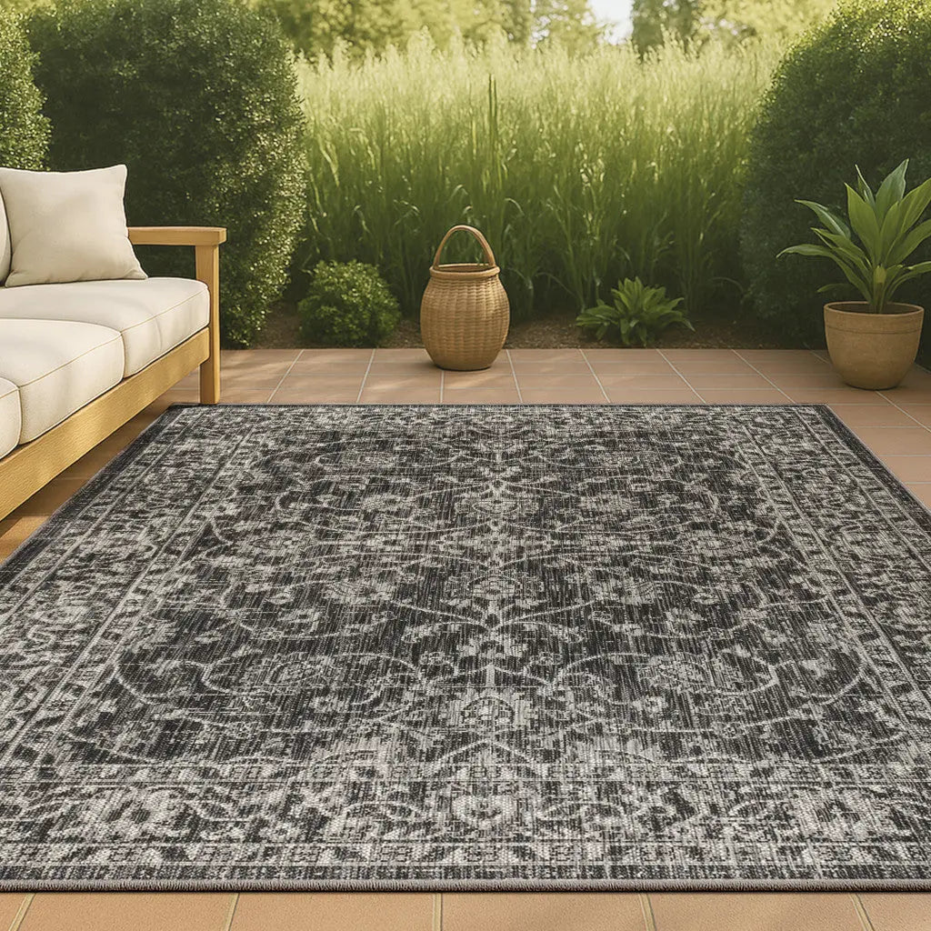 5' X 8' Black And Gray Medallion Indoor Outdoor Area Rug Homeroots Outdoor