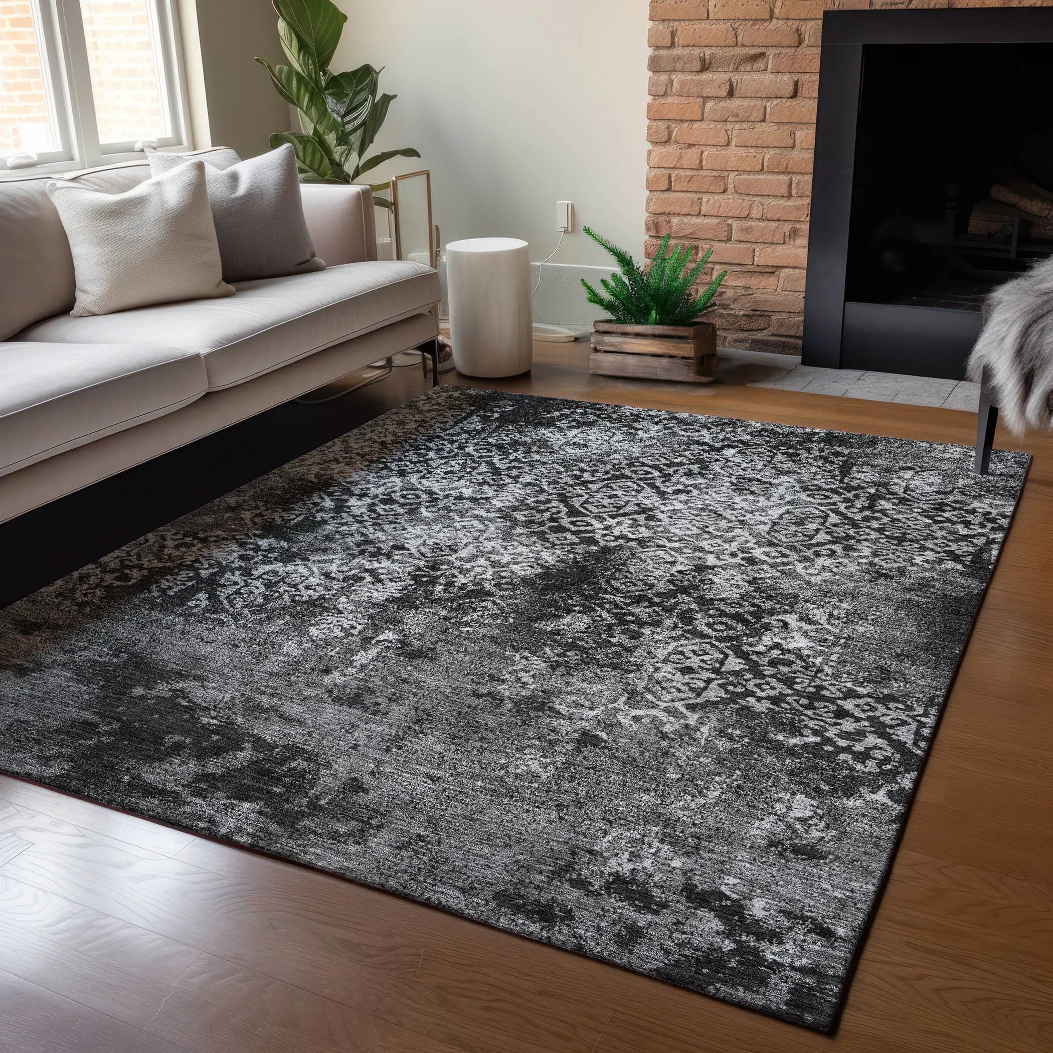 5' X 8' Black And Gray Oriental Washable Indoor Outdoor Area Rug Homeroots Outdoor