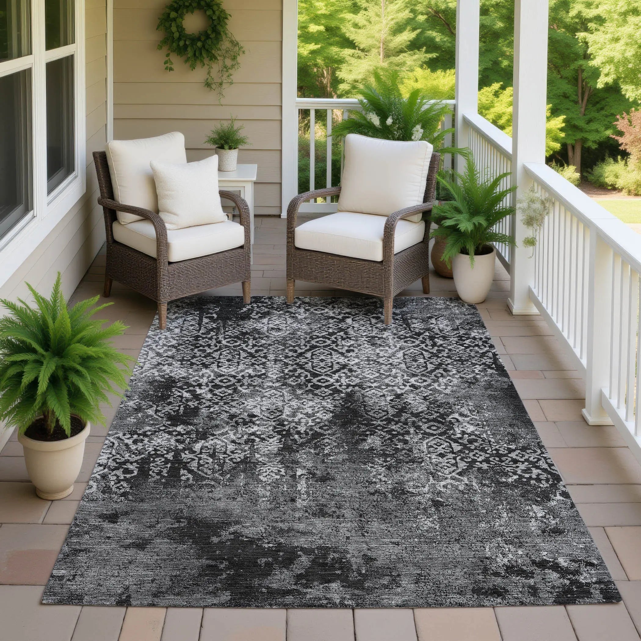 5' X 8' Black And Gray Oriental Washable Indoor Outdoor Area Rug Homeroots Outdoor