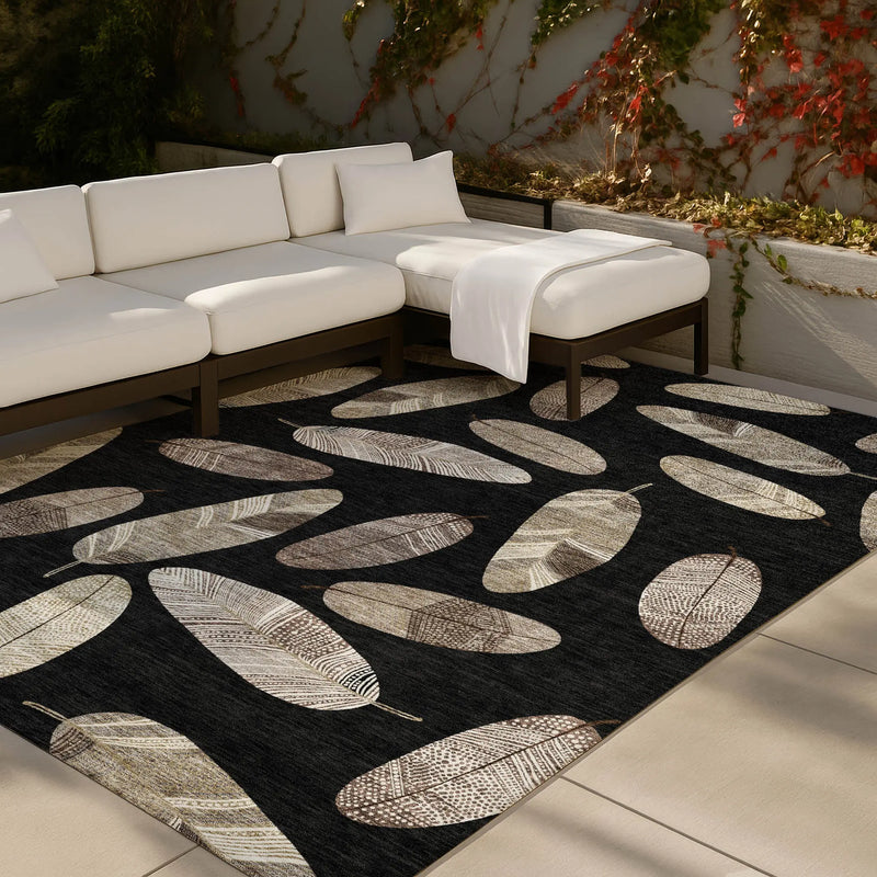 5' X 8' Black And Green Botanical Leaves Washable Indoor Outdoor Area Rug Homeroots Outdoor