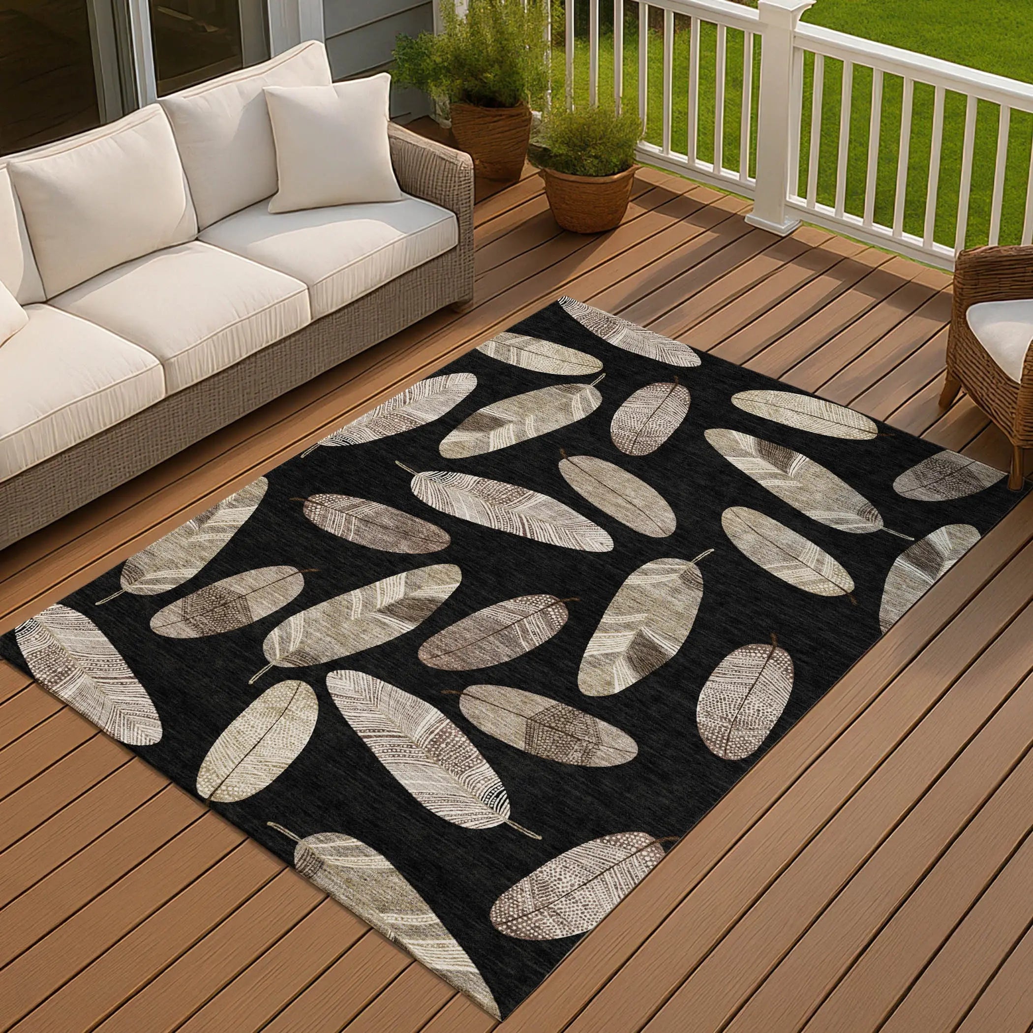 5' X 8' Black And Green Botanical Leaves Washable Indoor Outdoor Area Rug Homeroots Outdoor