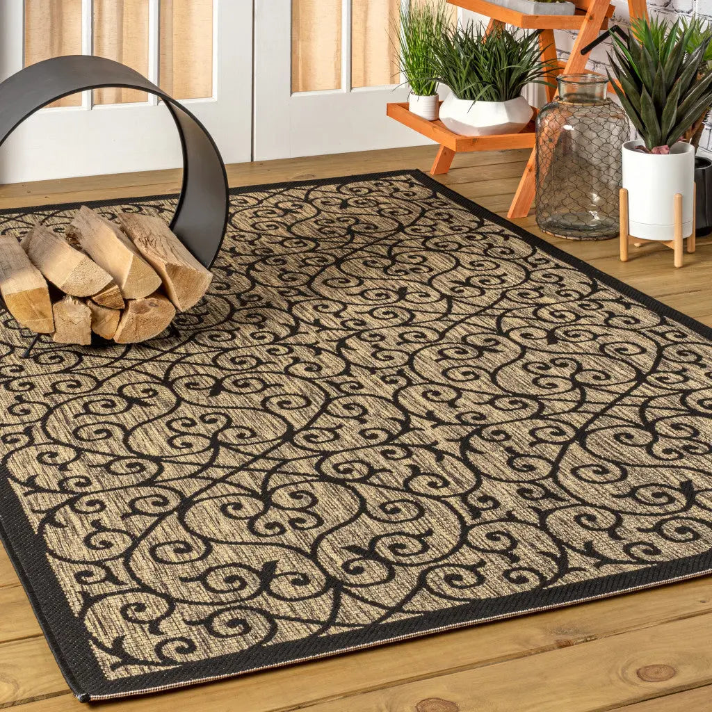 5' X 8' Black And Khaki Geometric Indoor Outdoor Area Rug Homeroots Outdoor