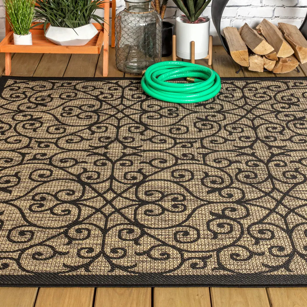 5' X 8' Black And Khaki Geometric Indoor Outdoor Area Rug Homeroots Outdoor