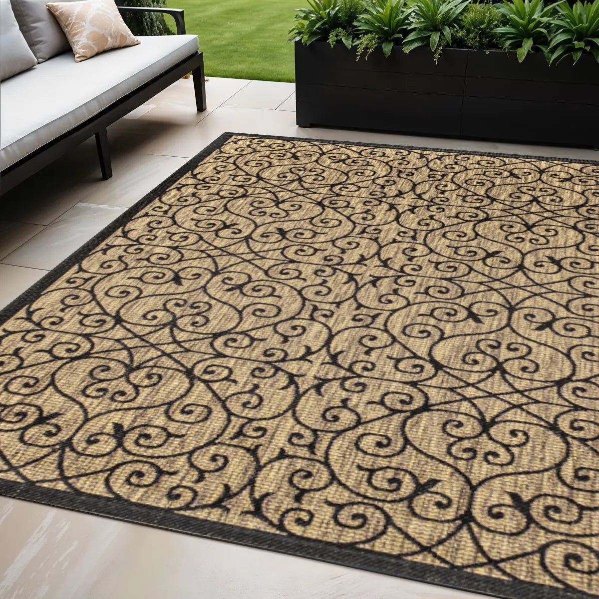 5' X 8' Black And Khaki Geometric Indoor Outdoor Area Rug Homeroots Outdoor