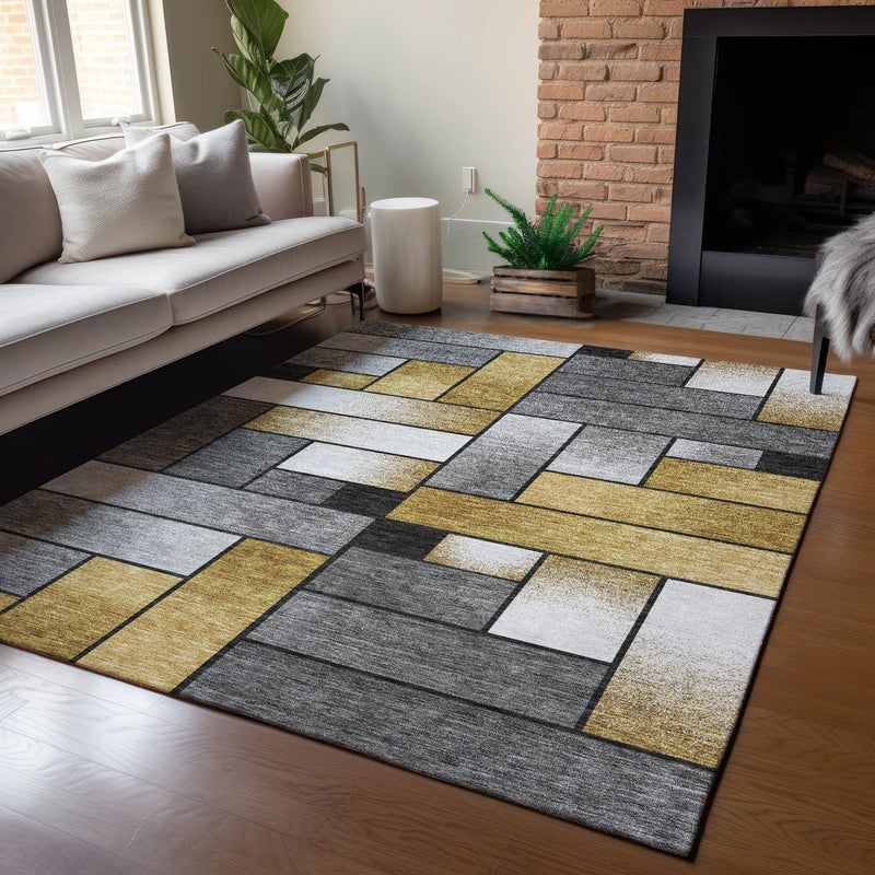 5' X 8' Black And Khaki Geometric Washable Indoor Outdoor Area Rug Homeroots Outdoor