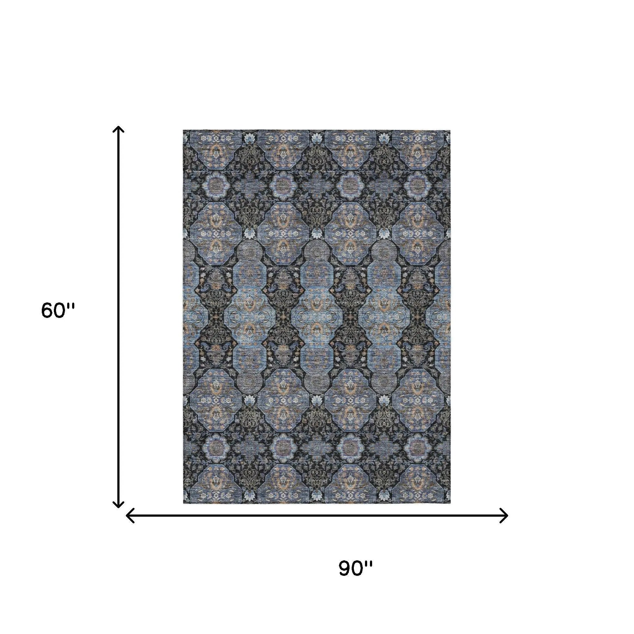 5' X 8' Black And Navy Blue Floral Washable Indoor Outdoor Area Rug Homeroots Outdoor