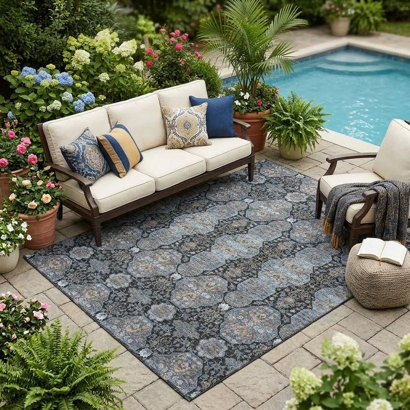 5' X 8' Black And Navy Blue Floral Washable Indoor Outdoor Area Rug Homeroots Outdoor