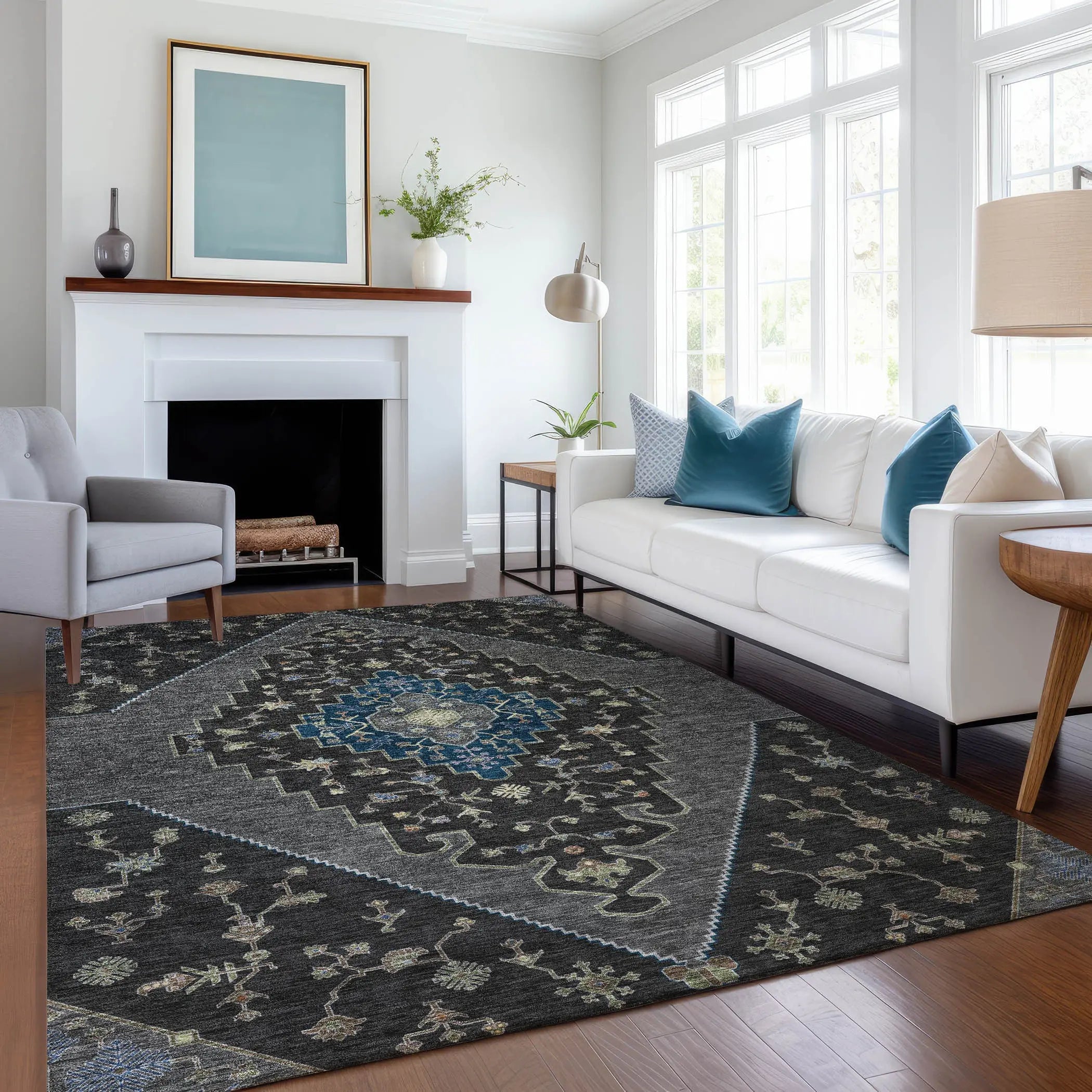 5' X 8' Black And Navy Blue Geometric Washable Indoor Outdoor Area Rug Homeroots Outdoor