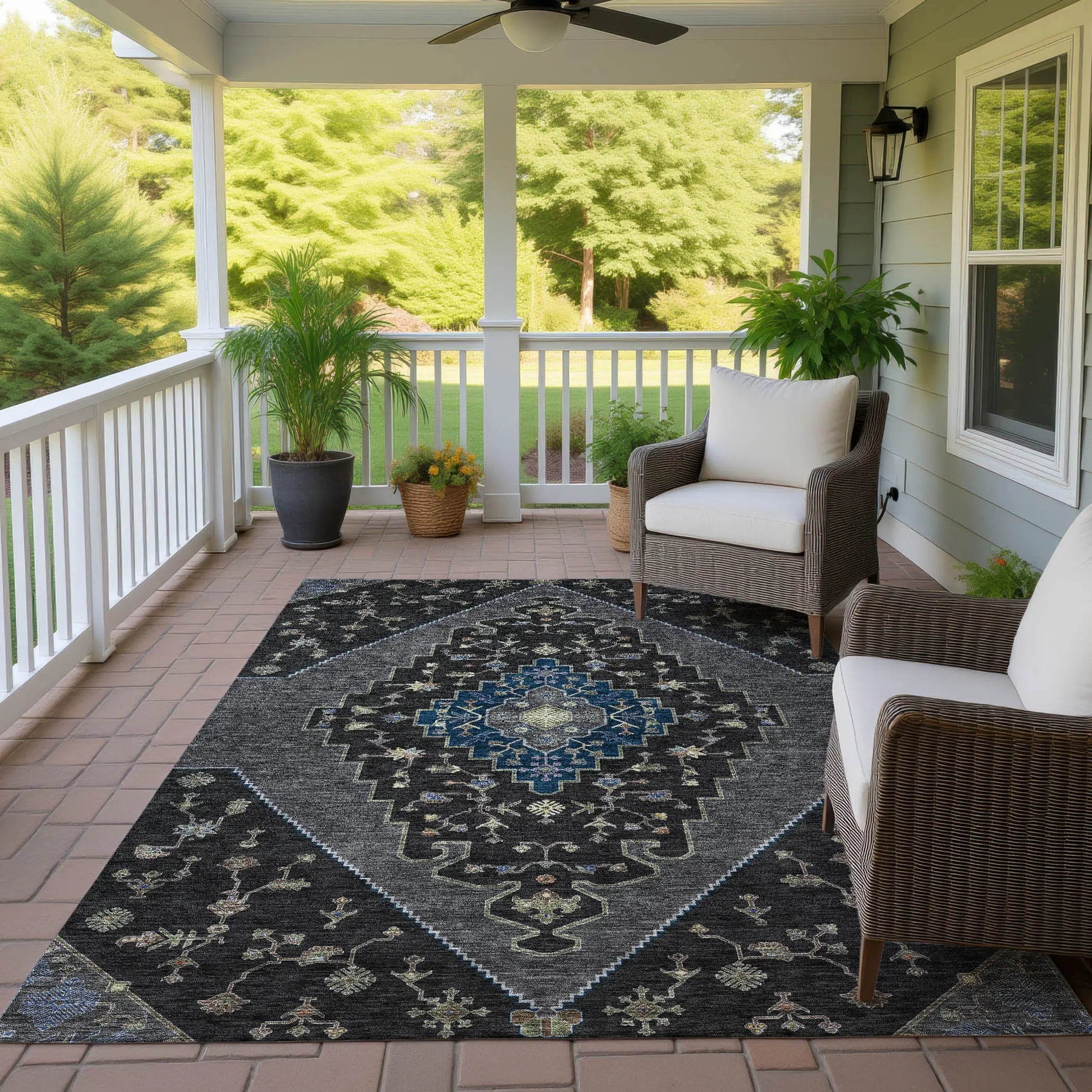 5' X 8' Black And Navy Blue Geometric Washable Indoor Outdoor Area Rug Homeroots Outdoor
